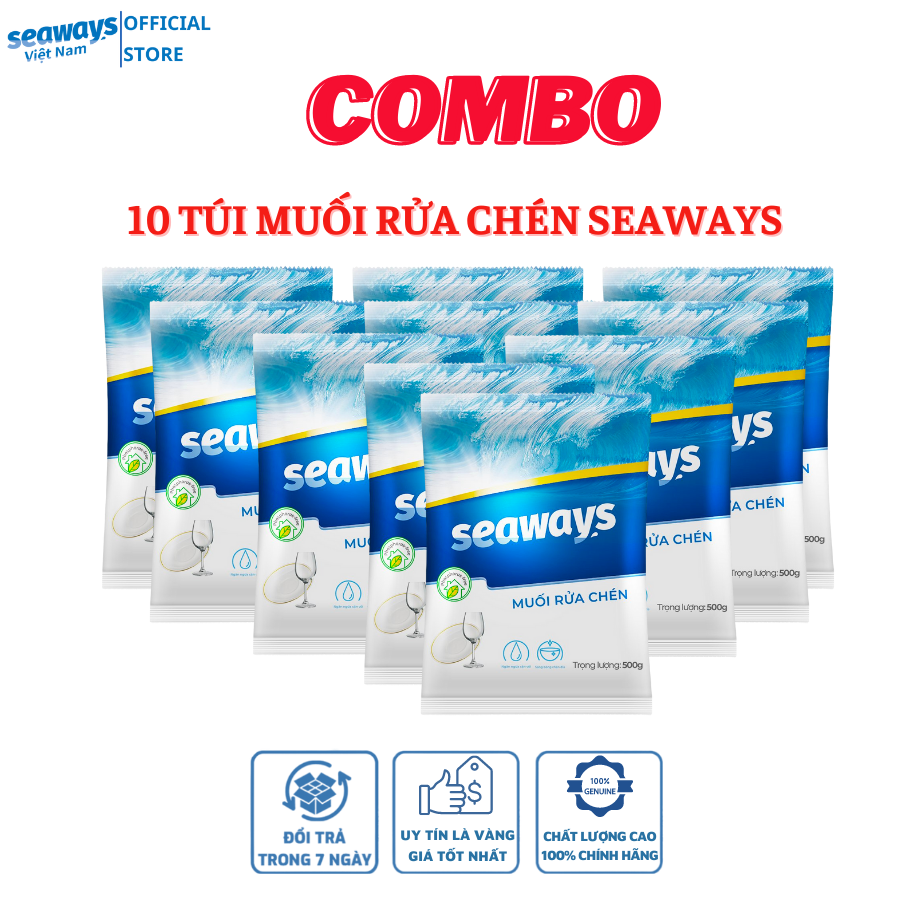 10 túi Muối rửa chén bát, làm mềm nước Seaways, túi 500gr - Dành cho mọi loại máy rửa chén bát