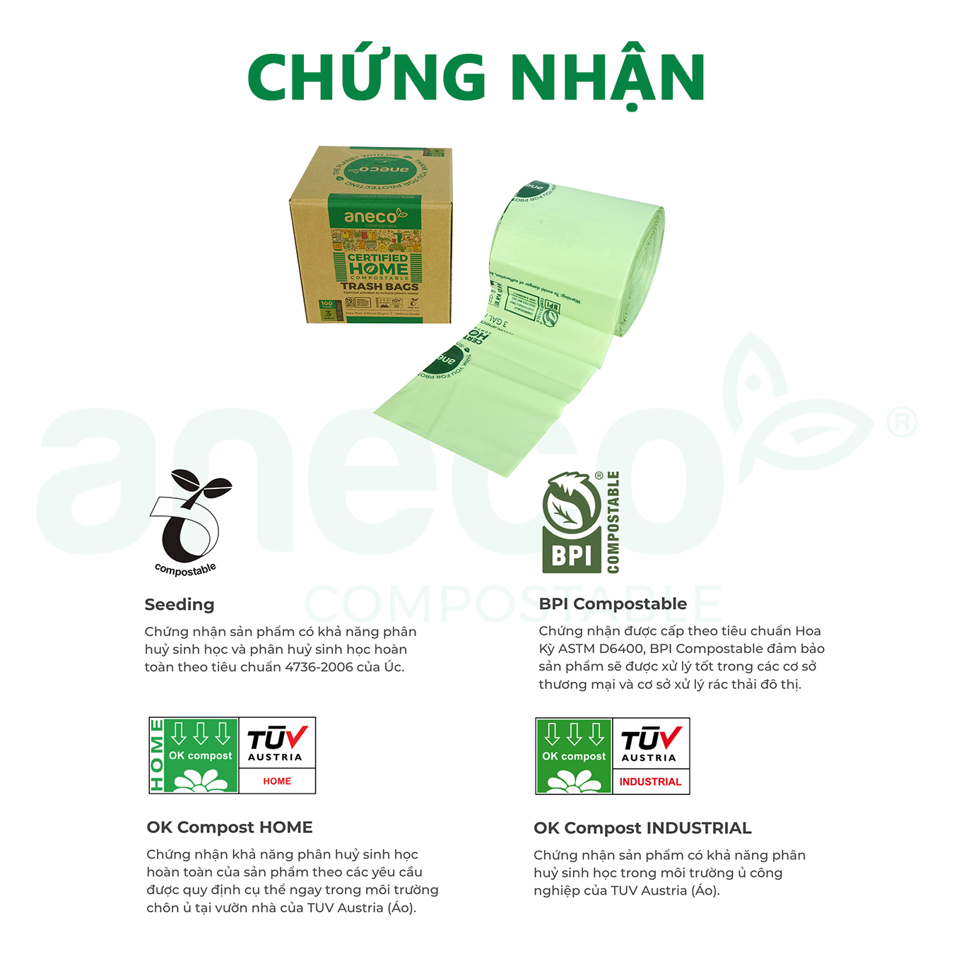 [Premium] Hộp túi rác ANECO dạng cuộn 11.35 lít sinh học phân hủy hoàn toàn (1kg)