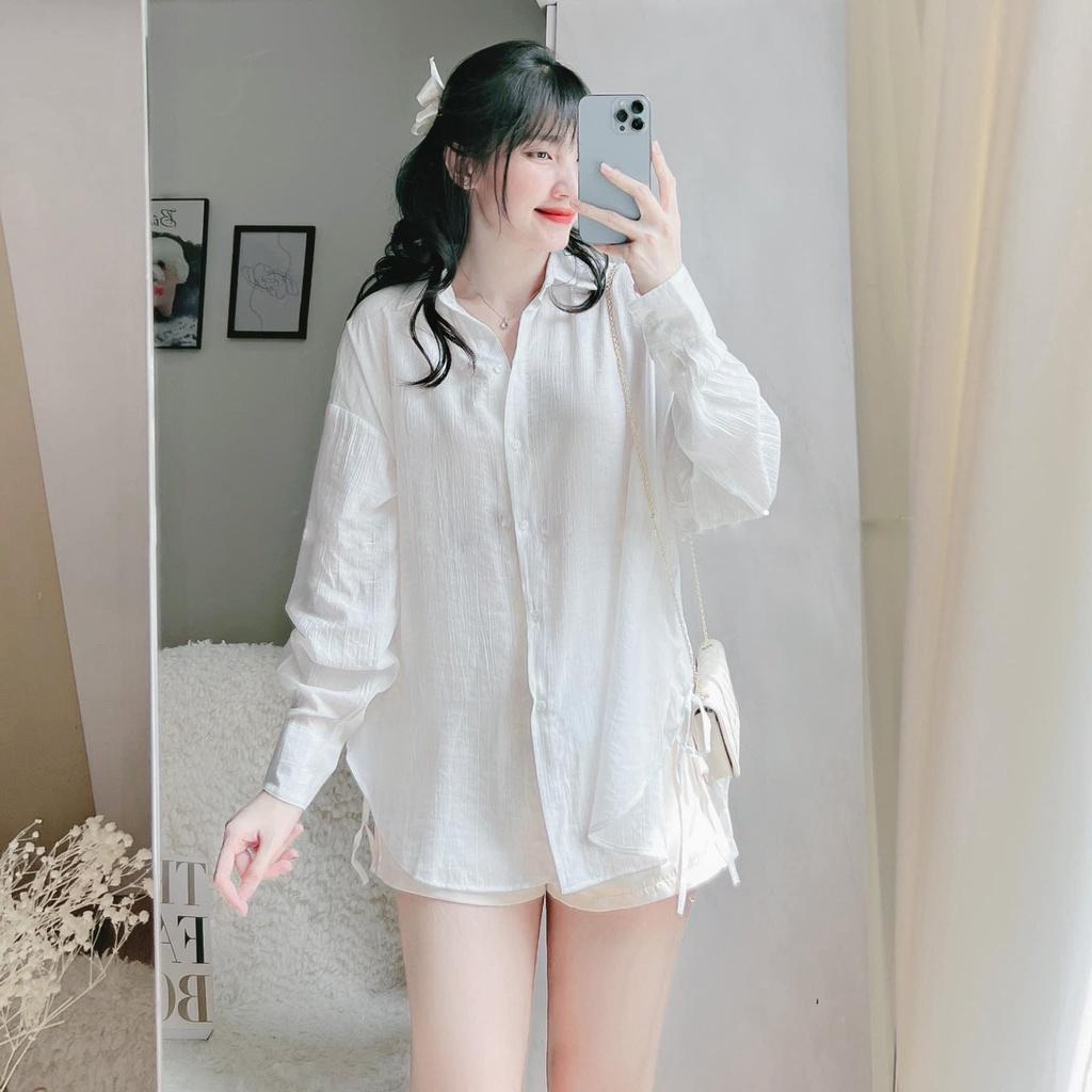 Áo sơ mi đủi form rộng vạt bầu cột dây , áo basic xuống phố cho chị em năng động