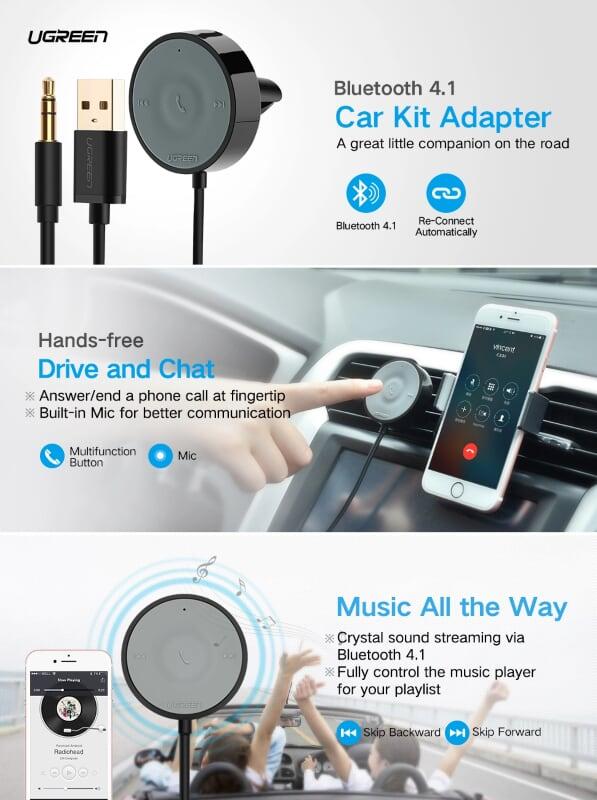 Ugreen UG30447CM124TK BT 4.1 màu Đen Thiết bị nhận âm thanh Bluetooth trên xe hơi chuẩn 3.5mm - HÀNG CHÍNH HÃNG