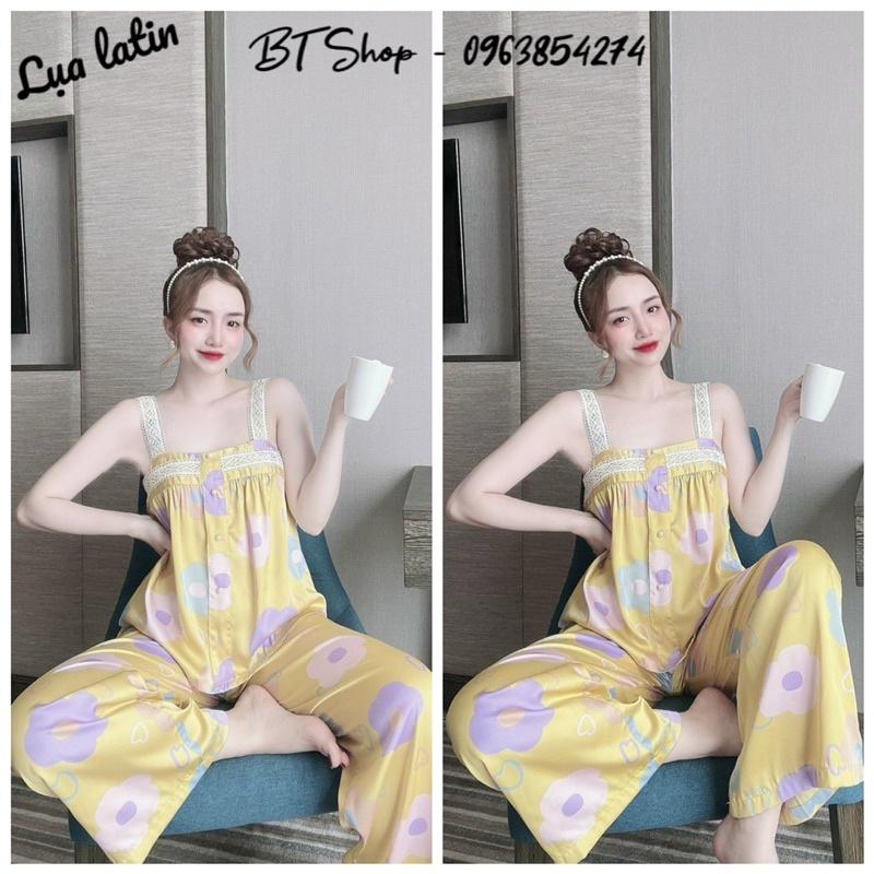 Đồ ngủ lụa latin 2 dây phối ren nút áo quần dài hoạ tiết freesize 42-57kg