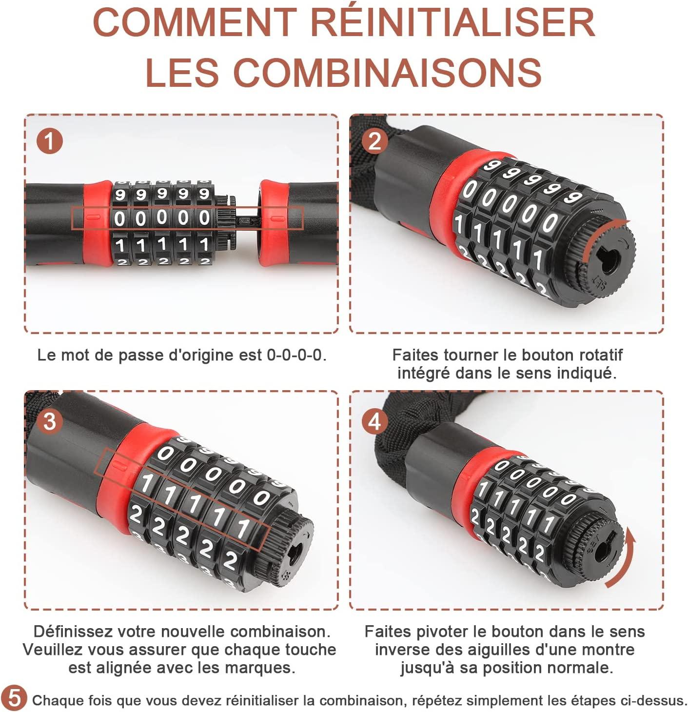 Khóa Xích Mã Xe Đạp, Khóa Xe Đạp 5 Số, Khóa Hợp Kim Kẽm 90cm, Khóa Xích Bảo Mật Cao Cho Xe Đạp, Xe Máy, Xe Scooter - Đỏ