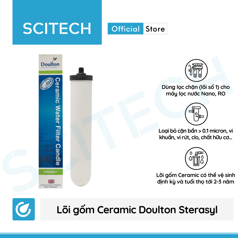 Lõi Gốm Ceramic Doulton British Steracyl 10 inch by Scitech - Lõi số 1 máy lọc nước Dr. Sukida, K Pro Series MT888 và máy lọc nước Nano/RO (Dùng thay thế lõi PP) - Hàng chính hãng