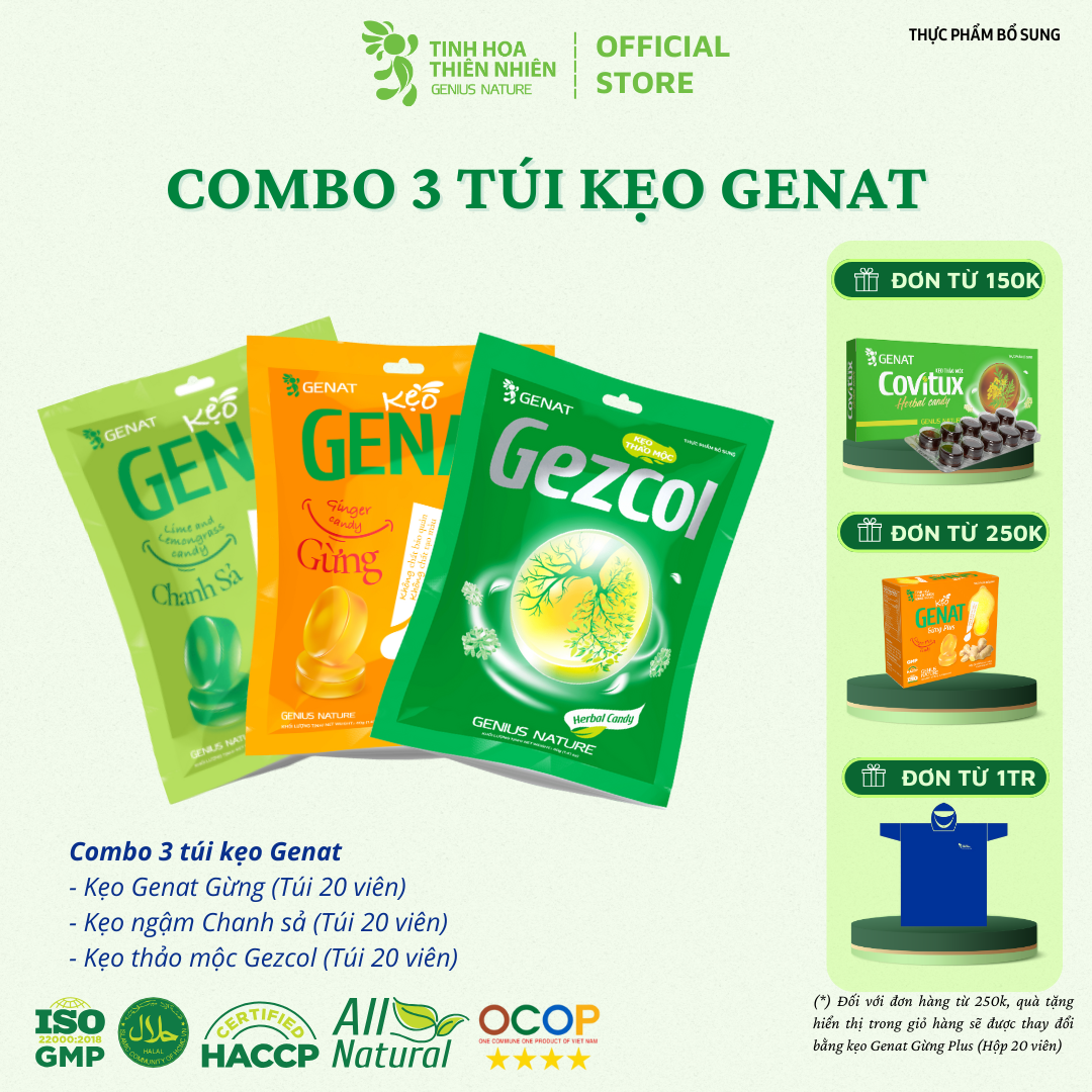 Combo 3 túi 20 viên - Kẹo thảo mộc Gezcol - Genat Chanh Sả - Genat Gừng - Giao 2H HCM