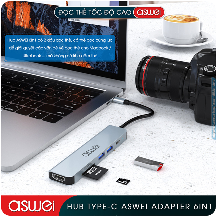 Hub Type C ASWEI 6 in 1 To HDMI, USB 3.0, SD, TF, PD - Hub Chuyển Đổi USB Type C 6 Cổng - Cổng Chia USB, Ổ Chia USB Tốc Độ Cao Dành Cho MacBook, Tivi, Laptop, PC, Máy Tính Bảng, Smartphone – Hàng Chính Hãng