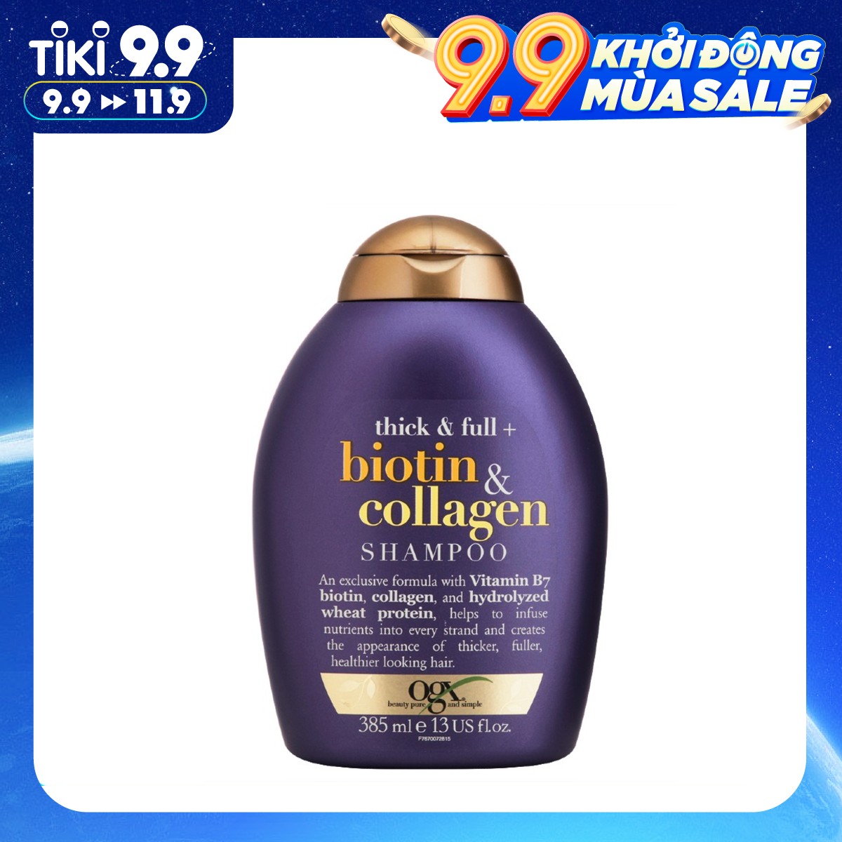 Dầu gội đầu OGX Thick &amp; full + biotin &amp; collagen 385ml, cải thiện tình trạng xơ, rụng, gãy, phục hồi tóc hư tổn, bổ sung độ ẩm cho tóc đàn hồi.