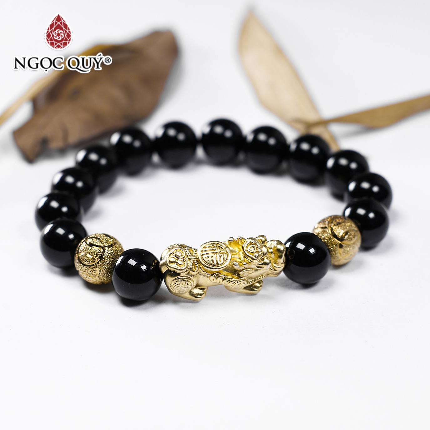 Vòng tay đá obsidian phối tỳ hưu bạc mạ vàng size hạt 10mm mệnh thủy, mộc - Ngọc Quý Gemstones