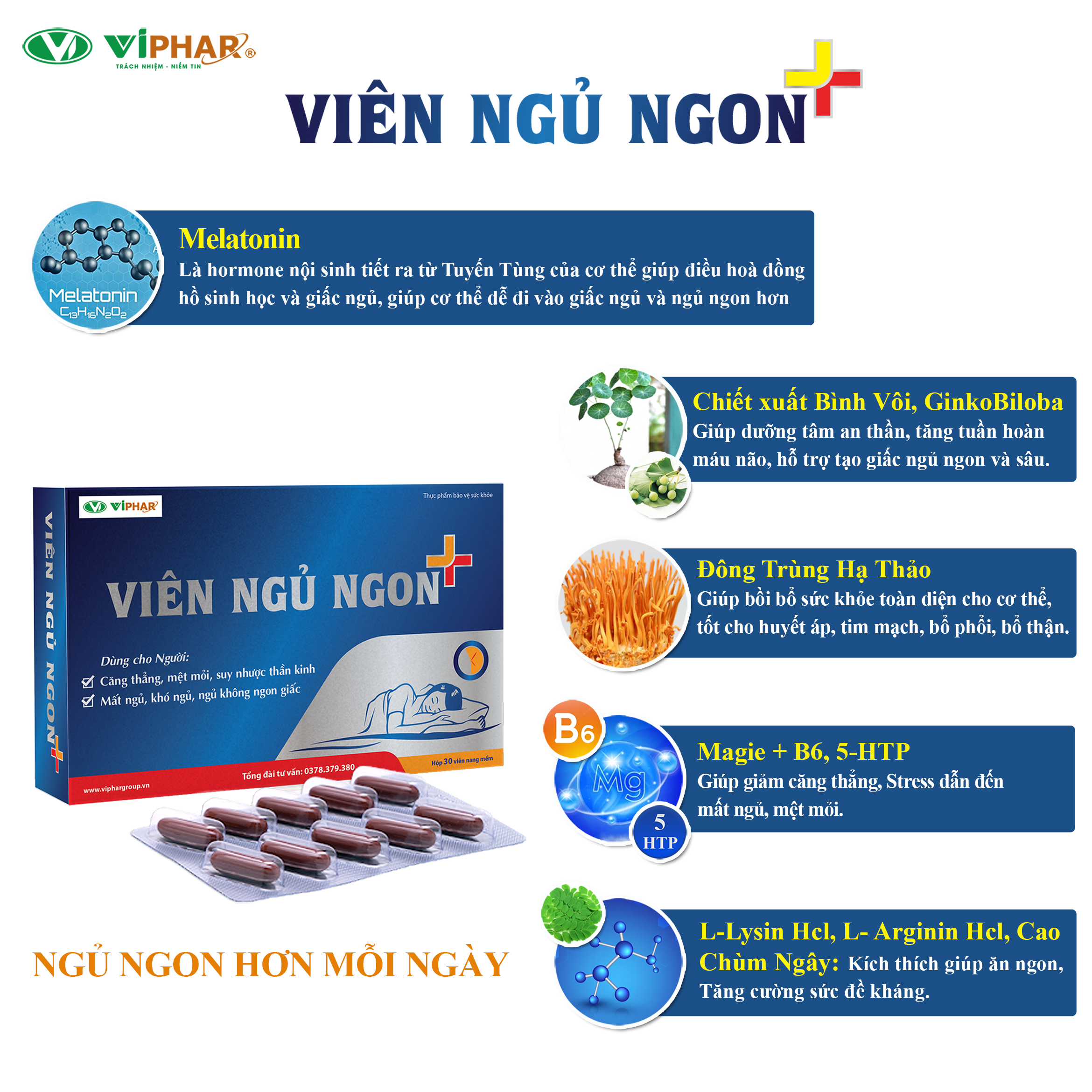 Viên Uống Giúp An Thần, Ngủ Ngon, Ngủ Sâu Giấc, Giảm Mệt Mỏi VIÊN NGỦ NGON+ VIPHAR Hộp 30 Viên