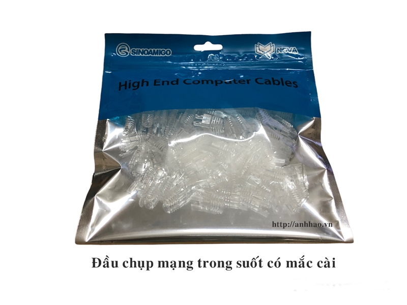 Đầu chụp hạt mạng trong suốt, có móc gài dùng cho đầu bấm cat5/cat6 (túi 100c)