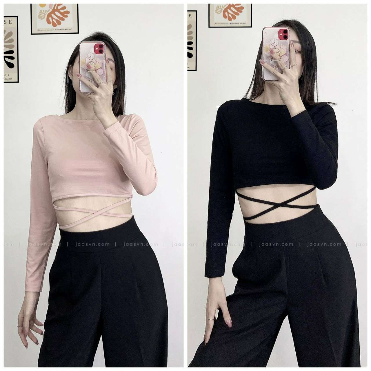 Áo croptop tay dài thắt dây eo cá tính