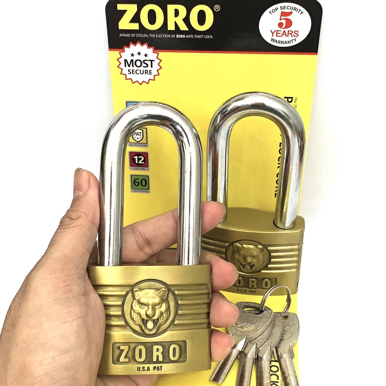 Ổ khóa ZORO 6 phân đầu cọp càng dài - khóa cửa càng dài chống gỉ chống cắt bền bỉ cao cấp