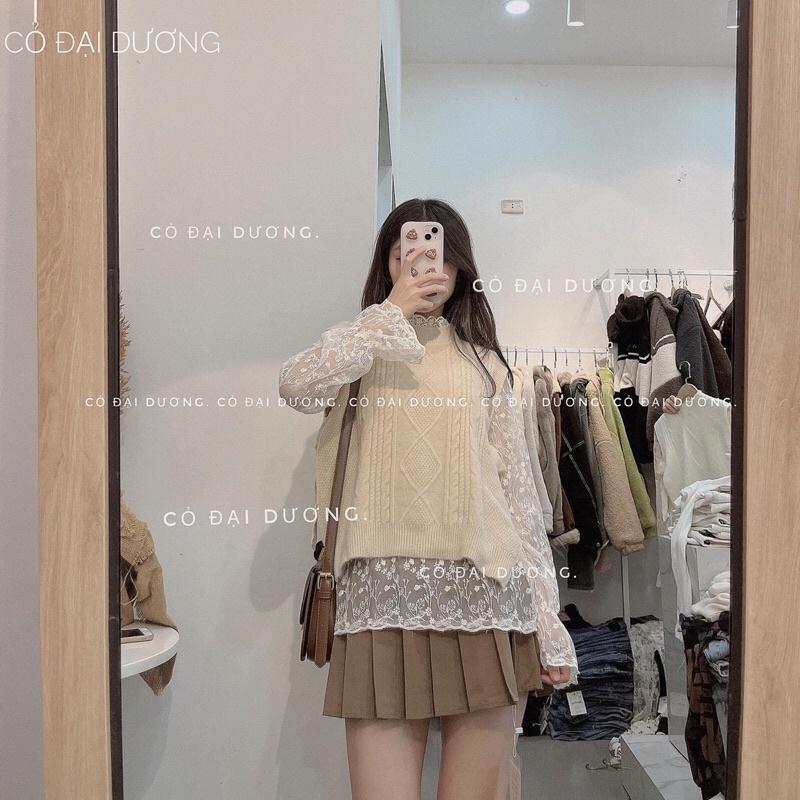 Set áo gile trơn buộc eo kèm áo ren cổ