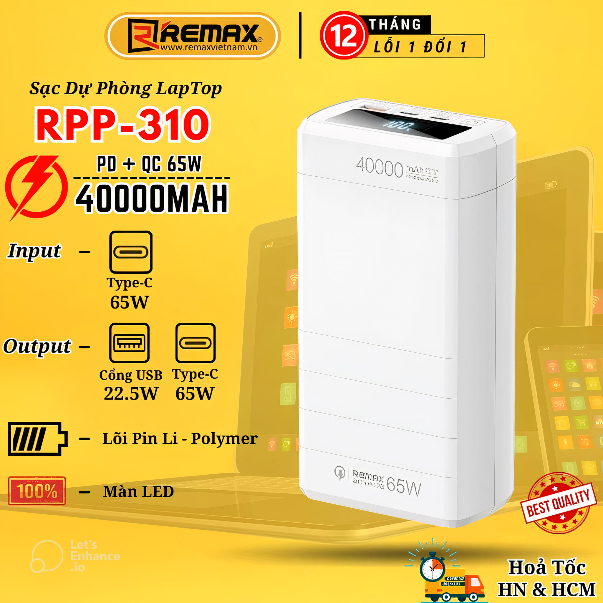 Pin sạc dự phòng 40000mAh 65W PD QC Remax RPP-310 sạc nhanh cho smatphone ipad máy tính bảng laptop - Hàng Chính hãng Remax