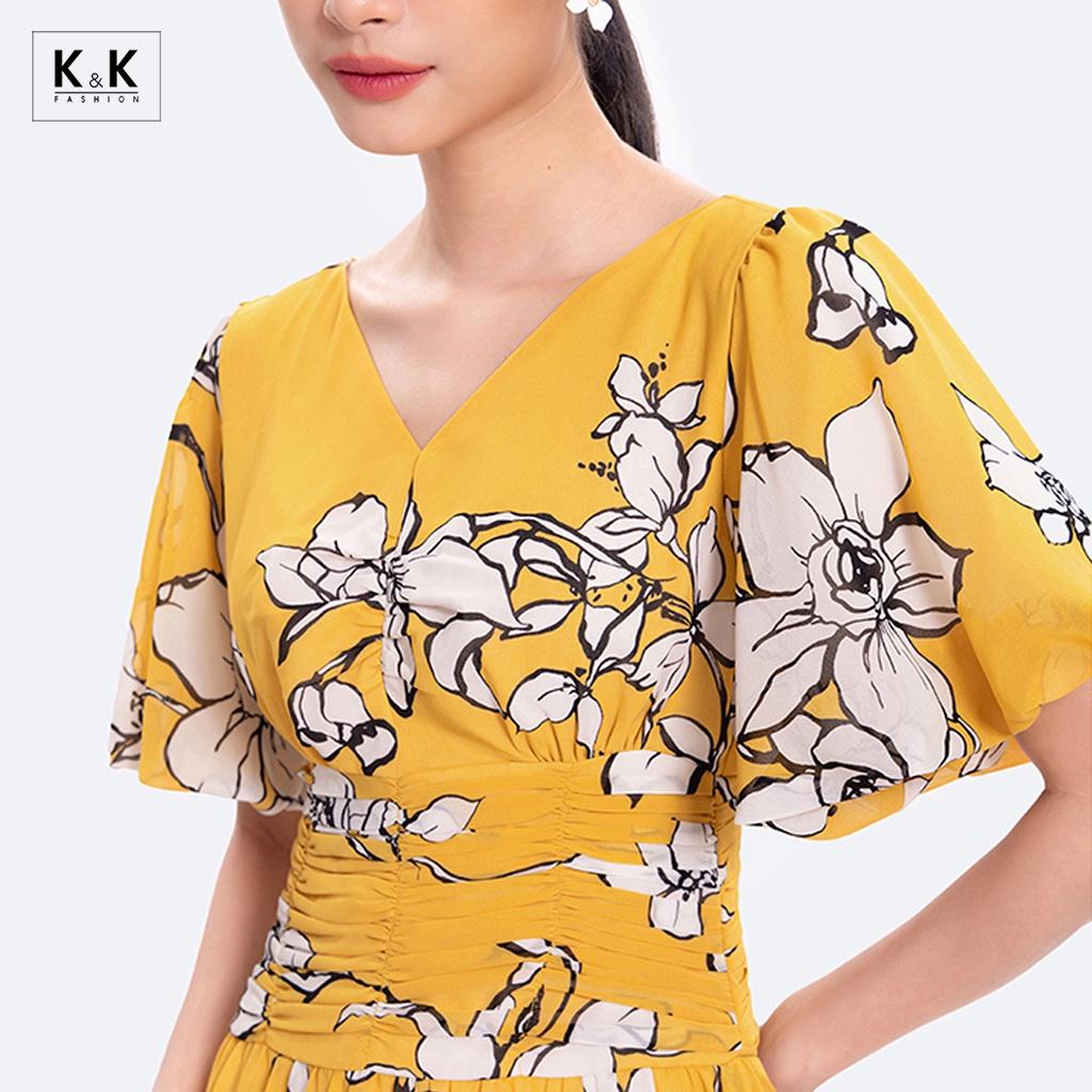 Đầm Xòe Màu Vàng Họa Tiết Hoa Nhấn Eo K&amp;K Fashion KK116-03 Chất Liệu Chilfon