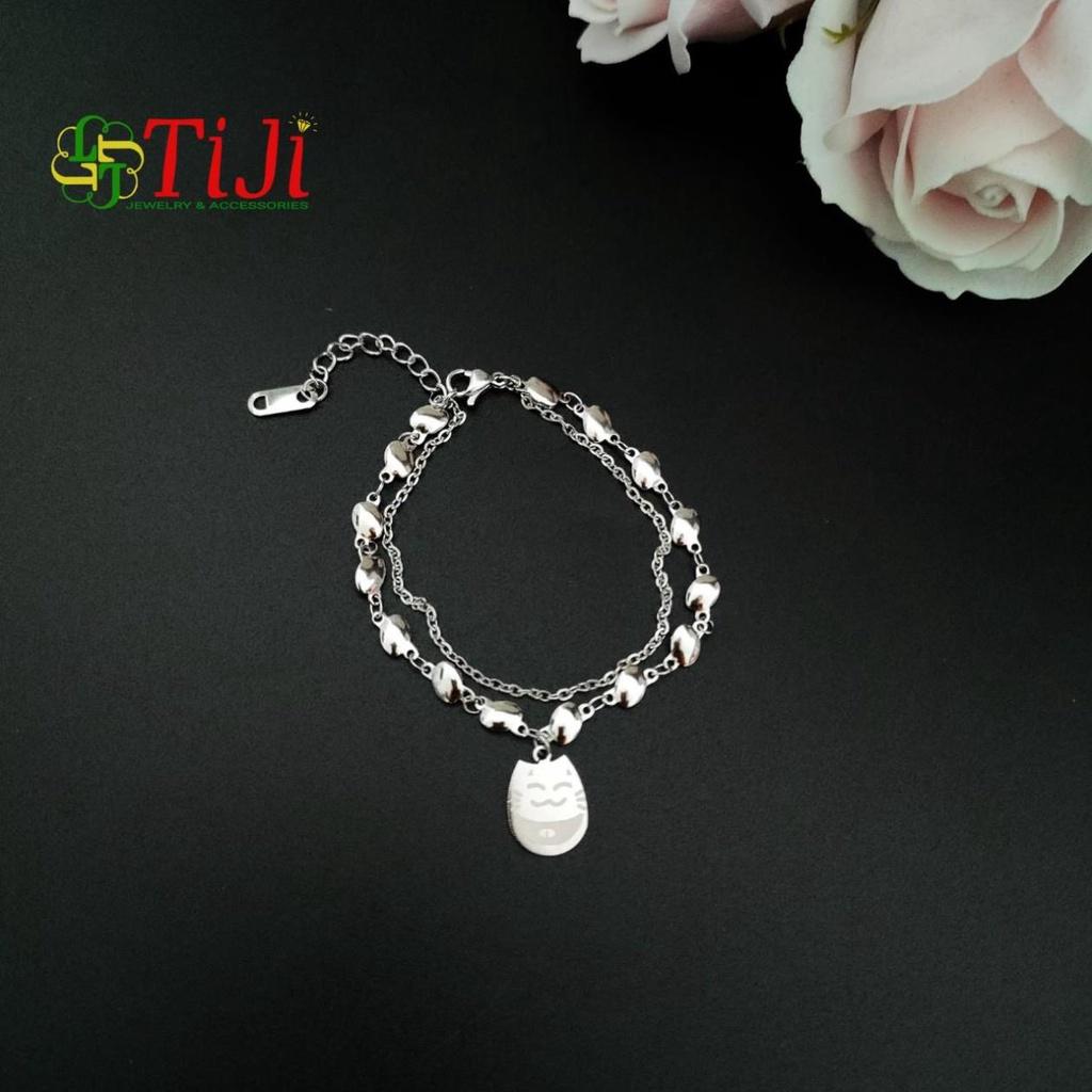 Lắc tay lắc chân nữ inox 2 tầng mèo may mắn sáng đẹp không đen không gỉ sét