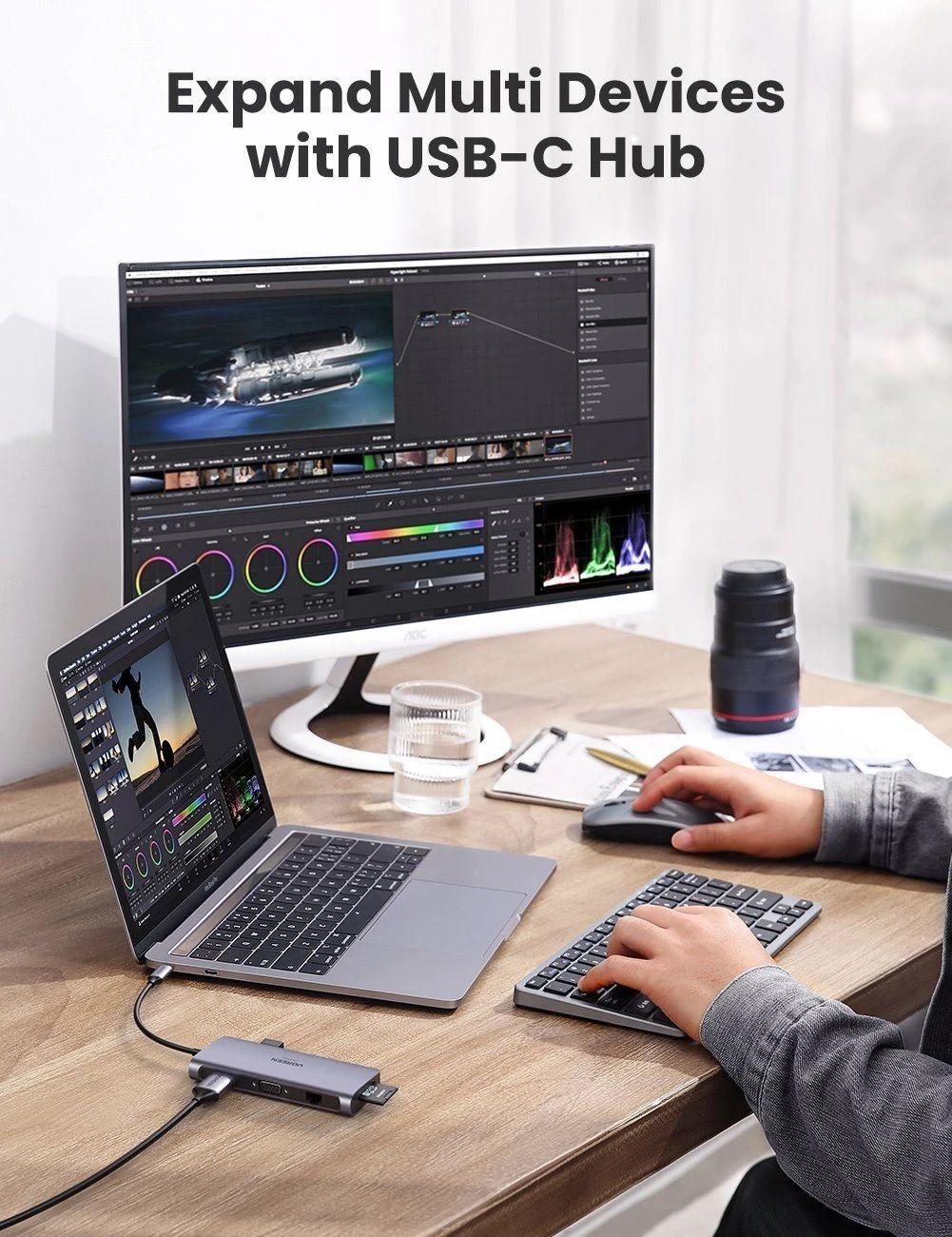 Ugreen UG70490CM179TK 100W 9 trong 1 màu xám bộ chuyển USB type C to 3xUSB3.0 4K-HDMI VGA RJ45 SD-TF PD hỗ trợ PD 3.0 - HÀNG CHÍNH HÃNG