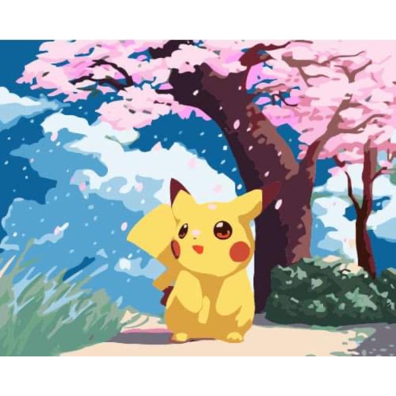 Tranh tô màu theo số Tranh sơn dầu số hoá hình pikachu size 30*40 kèm khung
