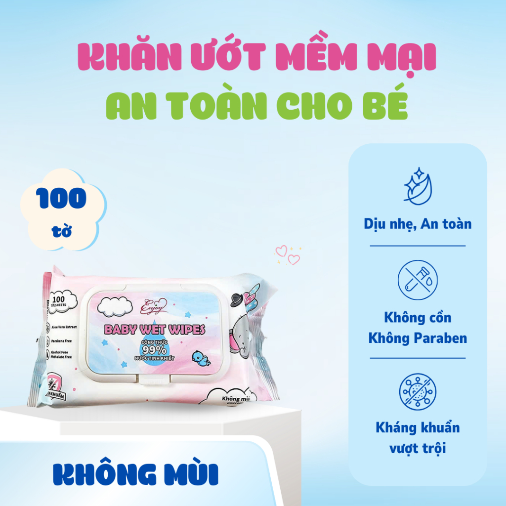 Khăn ướt ENJOY 100 tờ không mùi mềm mịn, dưỡng ẩm, tiện dụng an toàn cho bé