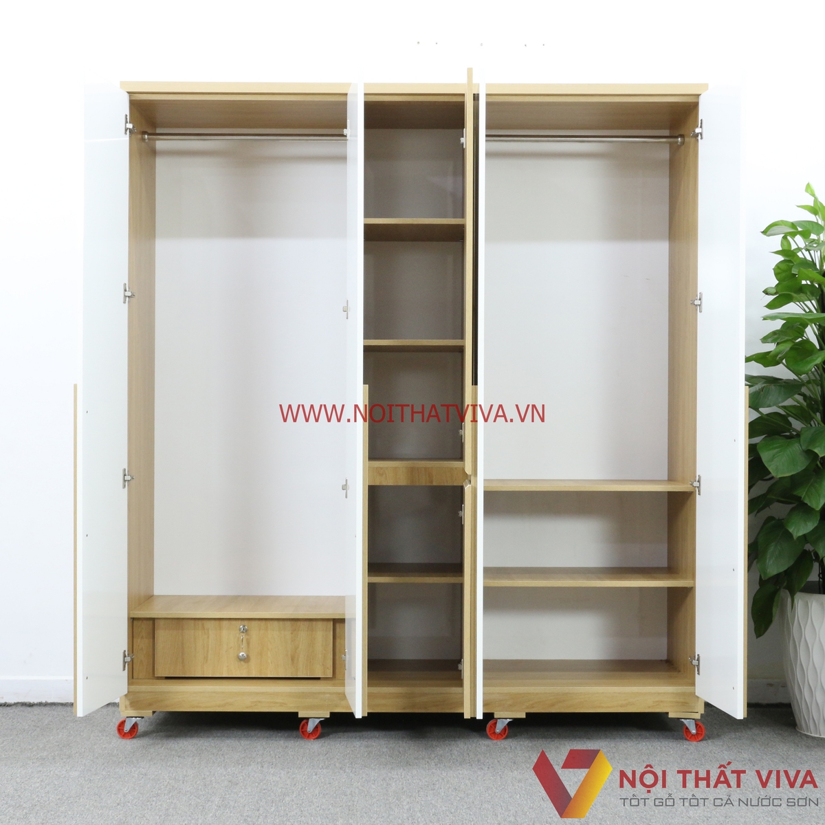 Tủ Quần Áo Gỗ MDF Melamine 5 Cánh Màu Vàng Phối Trắng Đẹp Sang Trọng