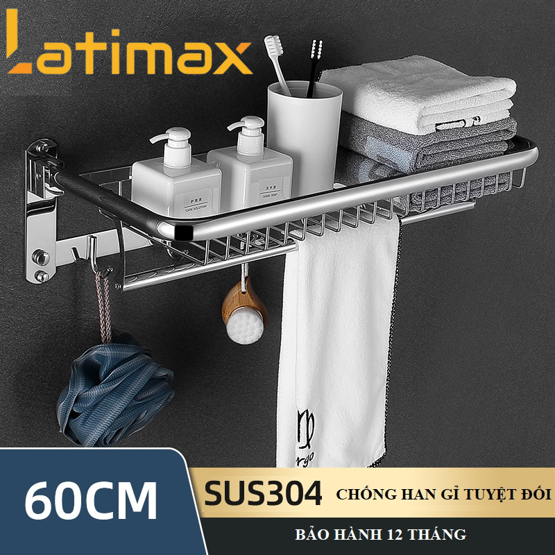 Giá treo khăn tắm Inox 304 Latimax VKT3 cao cấp - Máng treo khăn kèm móc quần áo đa năng