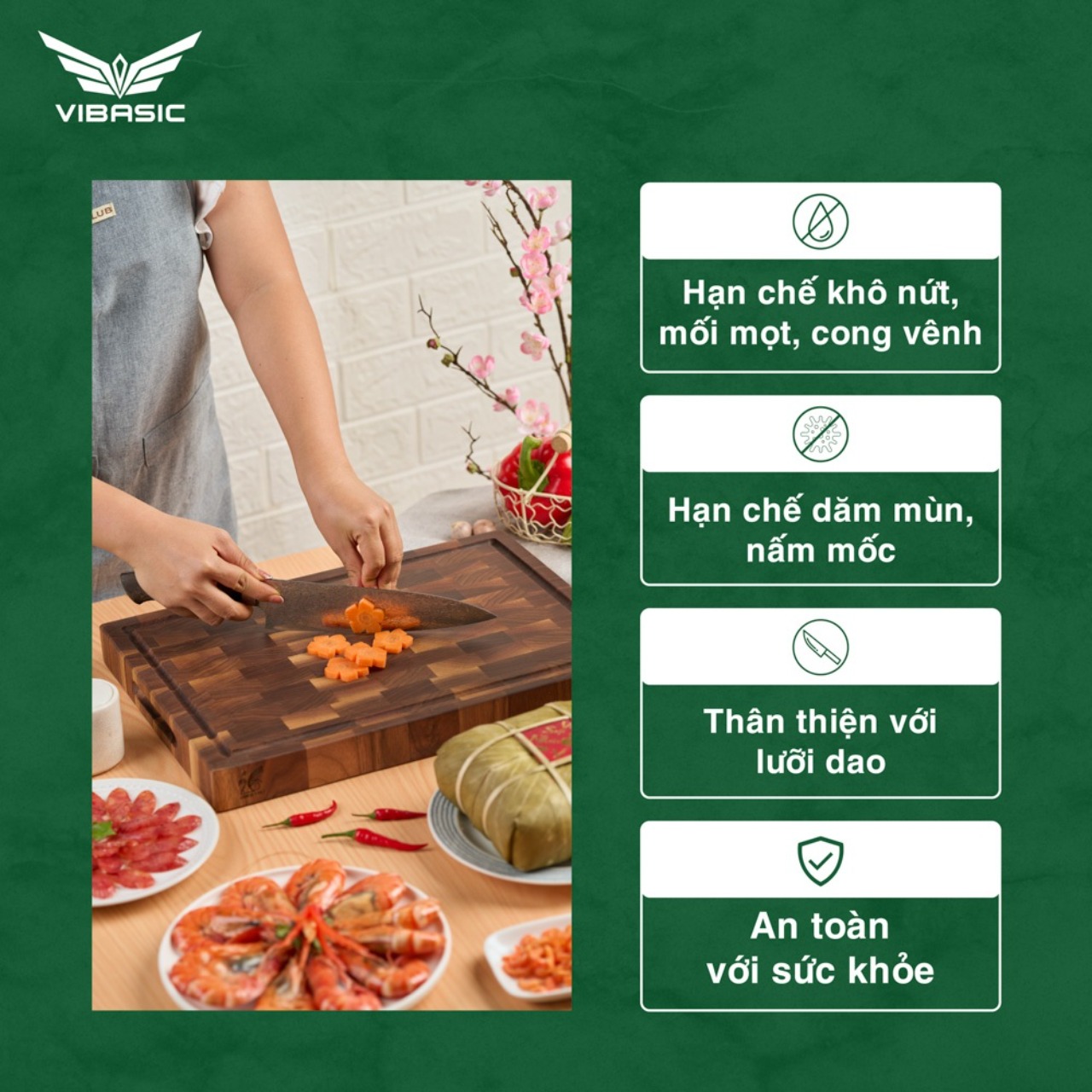 Thớt gỗ óc chó Vibasic kích thước 400x300x38mm, dùng để cắt thái và chặt, kèm hộp quà tặng cao cấp - Hàng chính hãng Bộ Quốc Phòng