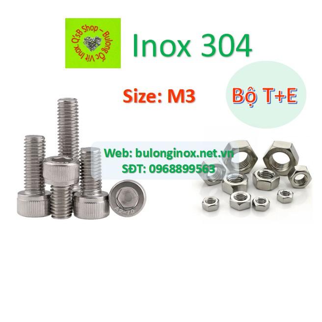 Bulong lục giác chìm đầu trụ size M3 inox bộ Thân + Ecu  , ốc đầu trụ , ốc lục lăng đầu trụ inox, inox 304