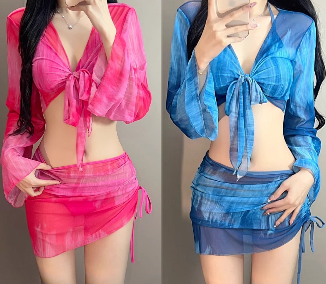 Bikini Loang Màu Set 4 Món Áo Choàng Dài Tay Váy Rút Dây BK004 MayHomes Đồ Bơi Nữ 4 Mảnh