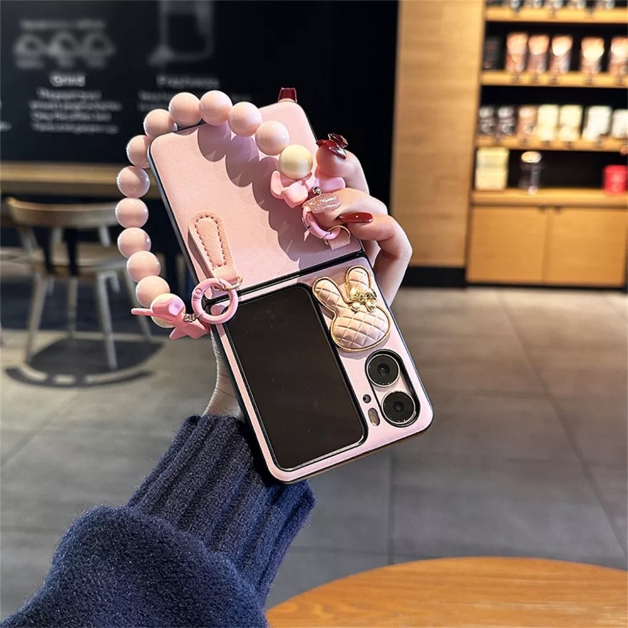 Ốp điện thoại cho OPPO Find-N2 Flip hồng pastel kèm dây đeo siêu dễ thương