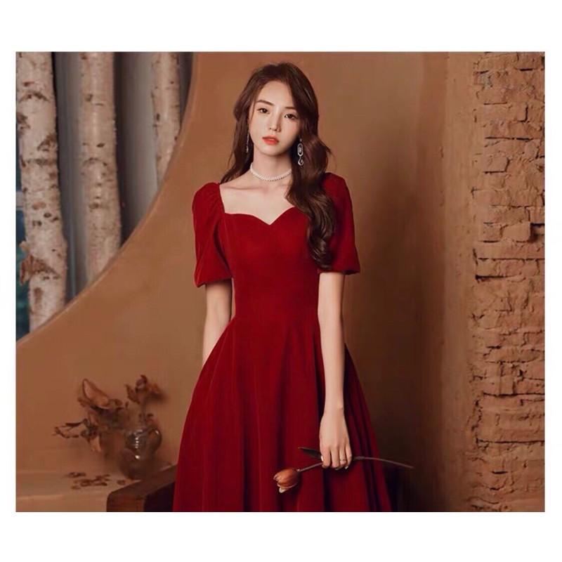 ĐẦM NHUNG MIDI TAY BỒNG
