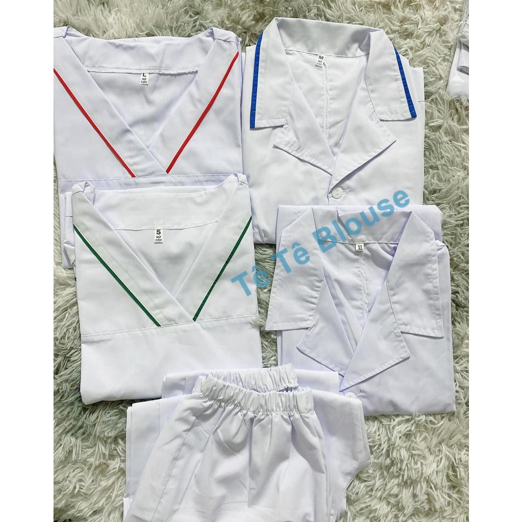 Bộ blouse cổ tim viền đỏ nam nữ cộc tay - bộ scrubs kỹ thuật viên cho điều dưỡng, dược sỹ, y tá, bác sĩ