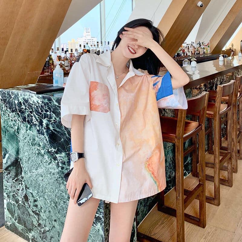 Áo Sơ Mi Nữ Lụa Hàn Phong Cách Giấu Quần, Họa Tiết Sơn Giàu Điệu Đà Cá Tính Độc Lạ