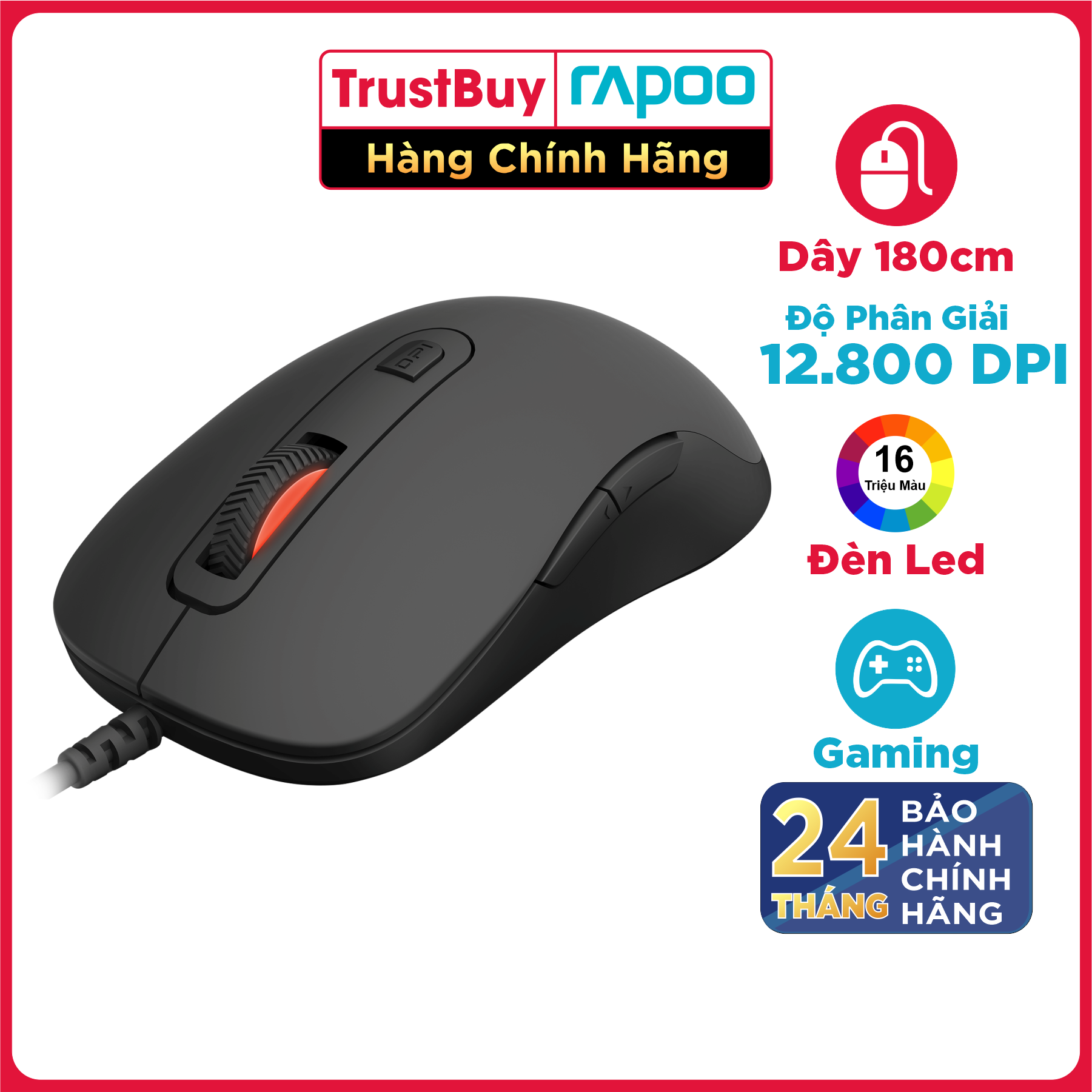 Chuột Gaming Có Dây RAPOO V16RGB 12800DPI, 6 Mức DPI, Đèn LED RGB, Dây Cắm USB Dài 1.85M - Hàng Chính Hãng