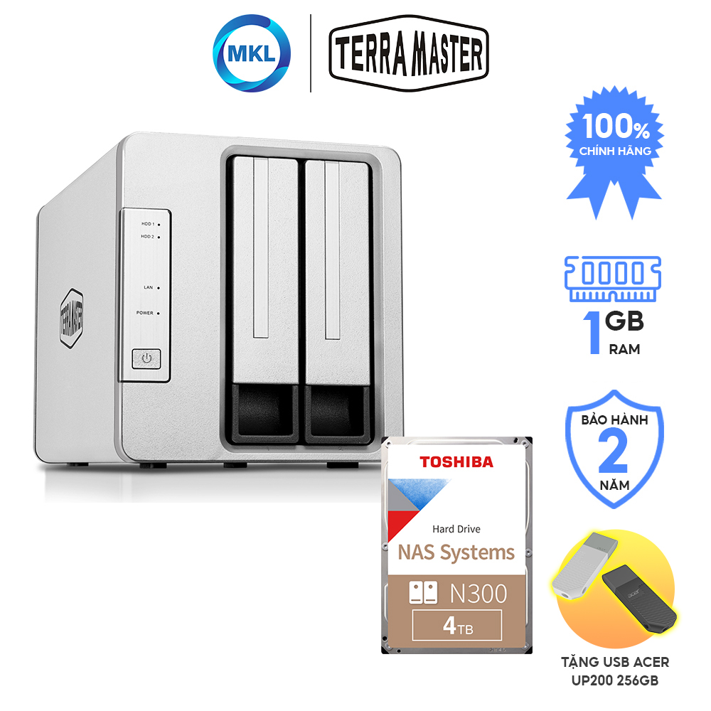 Combo ổ cứng mạng Nas Terra Master F2-210 2 khay + ổ cứng HDD Nas Toshiba N300 4TB - hàng chính hãng