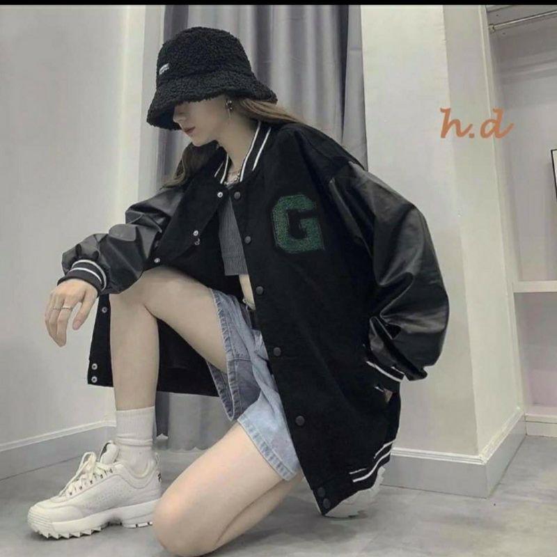 Áo Khoác Bomber Chữ G Áo Nỉ Tay Da Chữ Thêu Nam Nữ