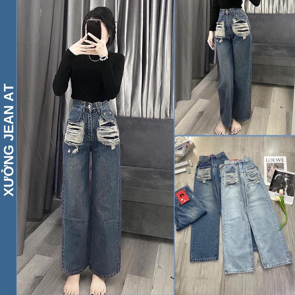 Quần Jeans Nữ Ống Rộng Cào Rách 2 Bên Túi, Quần Bò Ống Rộng Lưng Cao Siêu Phá Cách 2 Màu Xanh Đậm Và Nhạt 310