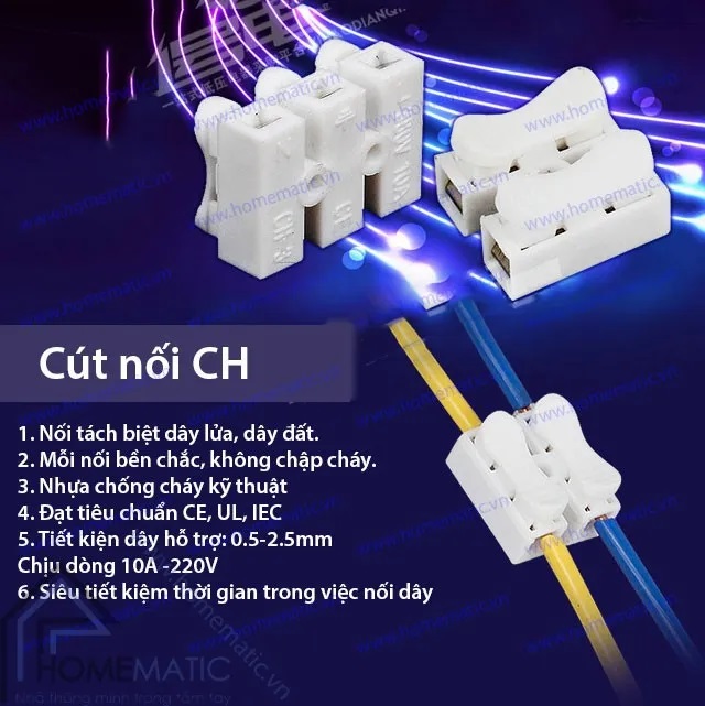 Combo 5 cái Cút nối dây điện nhanh CH-2 domino kẹp mối nối đẹp gọn gàng an toàn chống chạm chập điện cháy nổi trong các hộp âm tường 2097