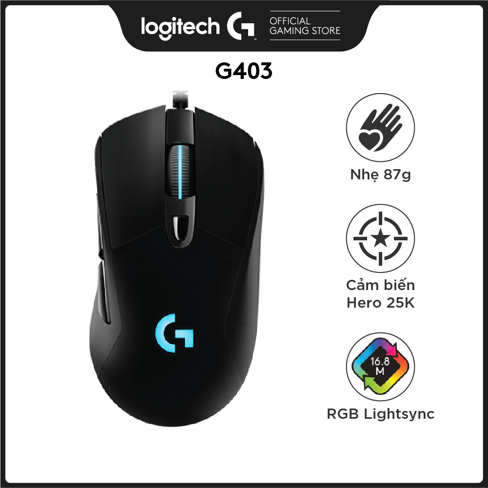 Chuột game có dây RGB Logitech G403 Hero - cảm biến 25k, công thái học, nhẹ 87g, 6 nút lập trình -Hàng Chính Hãng