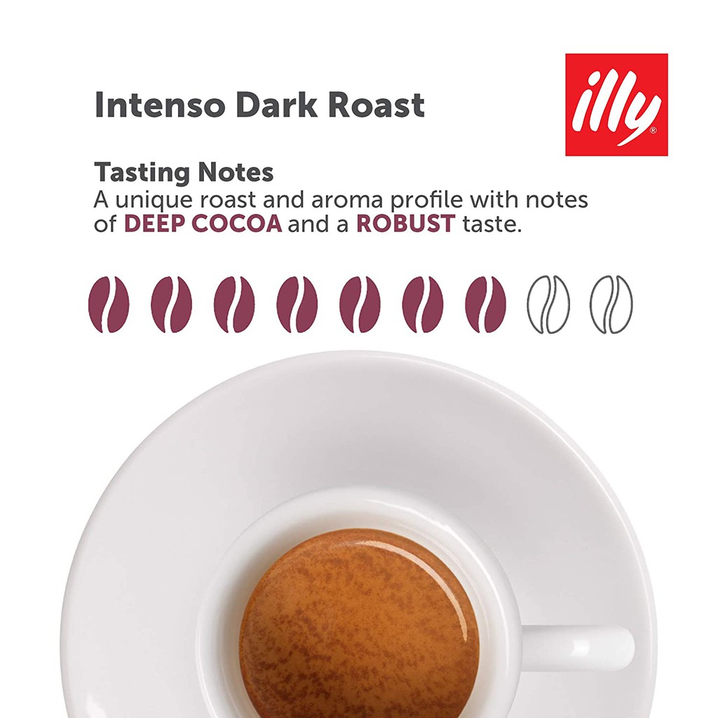 Cà phê Illy Intenso Bold Roast Beans coffee – 250G - Rang đậm có hương vị mãnh liệt, mạnh mẽ và đầy đủ với các nốt ca cao. Dạng hạt hoặc bột pha máy