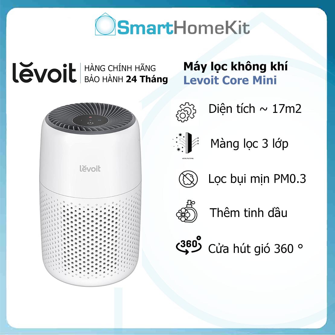 Máy lọc không khí Levoit Core Mini, lọc phòng nhỏ 17m2, có xông tinh dầu | Hàng Chính Hãng