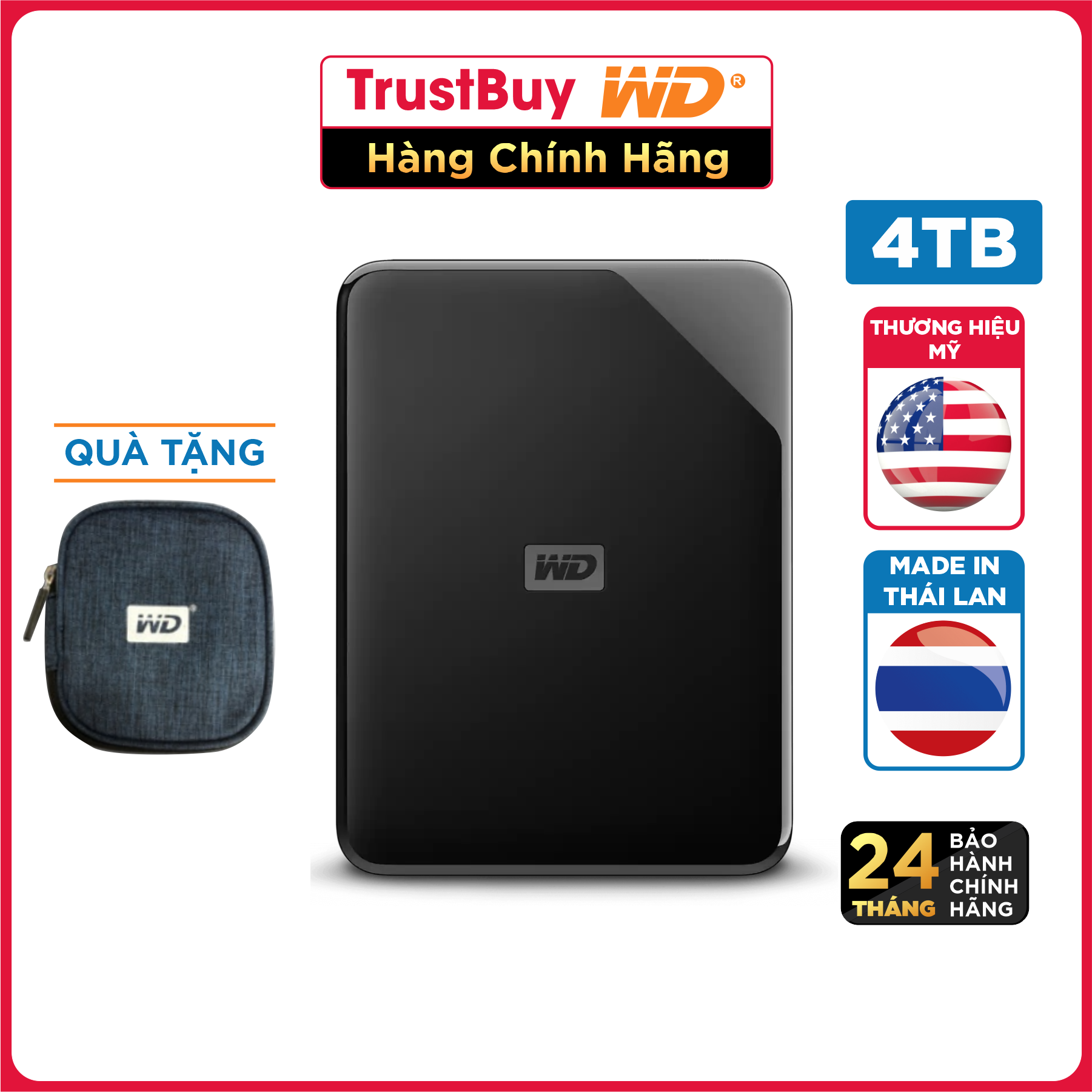 Ổ Cứng Di Động WD Elements Portable 4TB 2.5 USB 3.0 - WDBU6Y0040BBK-WESN - Hàng Chính Hãng