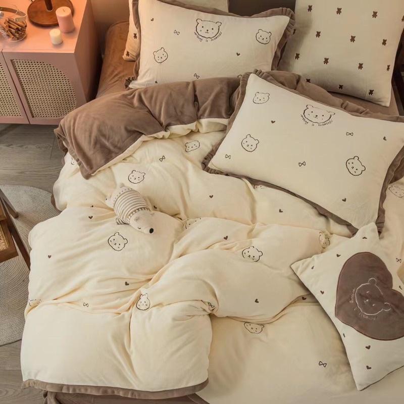 Bộ Chăn Ga Gối Nỉ Nhung Mịn Hàng Nhập Khẩu Cao Cấp 4 Món Gấu Teddy
