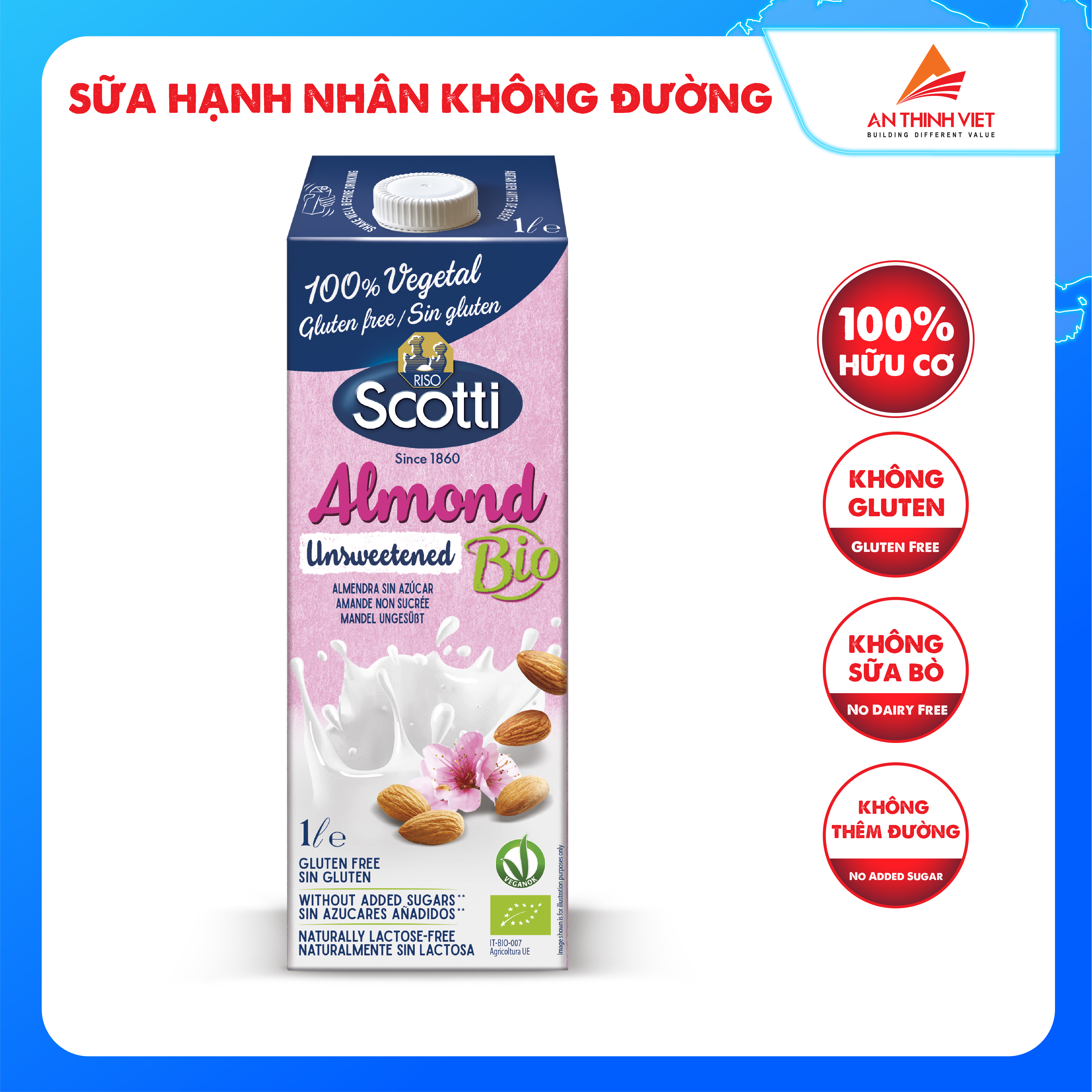 Sữa Hạt Hạnh Nhân Hữu Cơ Không Đường Riso Scotti - Unsweetened Almond Drink 1L