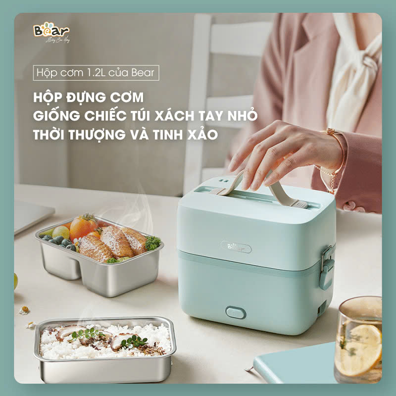 [Hàng chính hãng] Hộp cơm cắm điện 2 tầng bear SB-HC12L (English) - khóa kín, chống tràn, hâm nóng cơm tiện lợi cho dân văn phòng