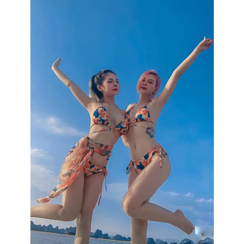 Bikini Đồ Bơi Hai Mảnh 3 Chi Tiết Họa Tiết Hoa Cam Độc Lạ BM-1182