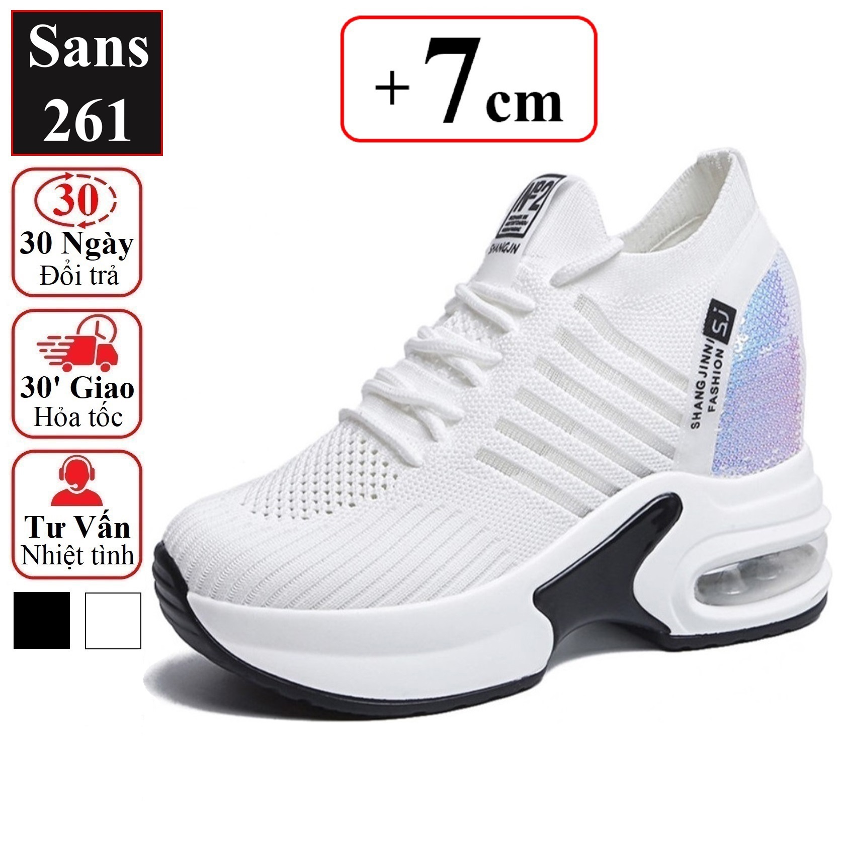 Sneaker nữ độn đế 7cm Sans261 giày thể thao nữ tăng chiều cao 6cm chất vải trắng đen thoáng khí sport sneakers thun