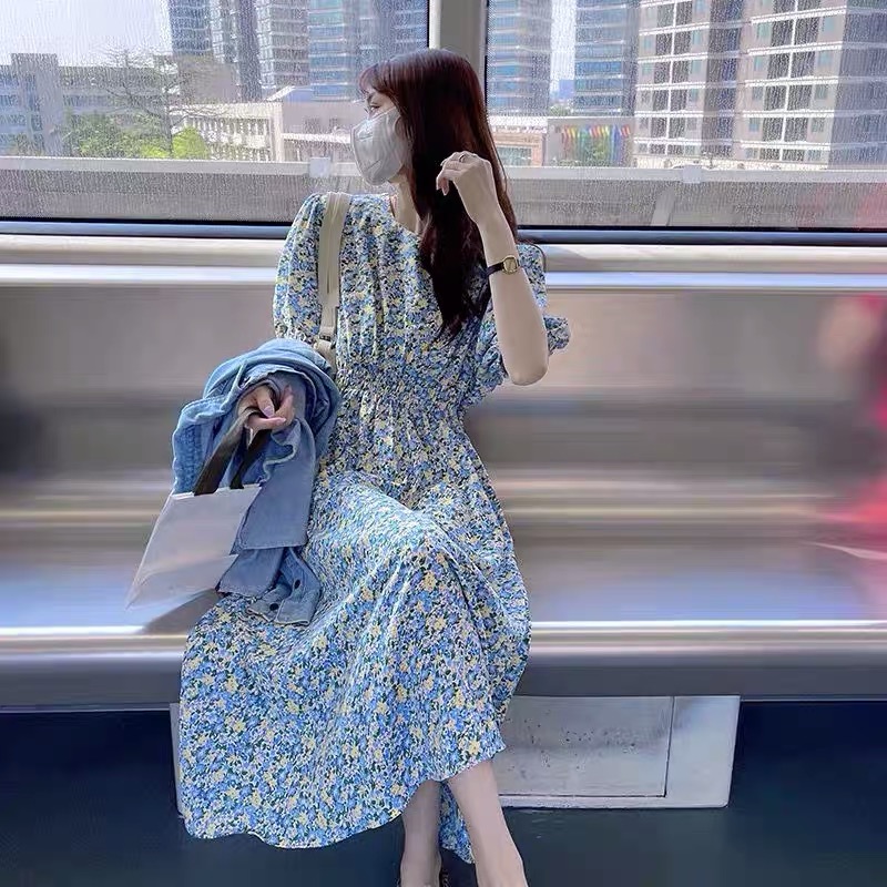 Đầm hoa nhí tay phồng bo eo co dãn