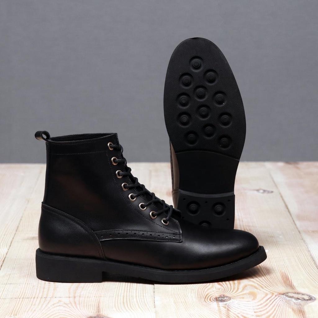 Giày da nam Combat Boots Captain 01 (Com01), da bò đen trơn cao cấp, Lucas Shoes bảo hành 1 năm