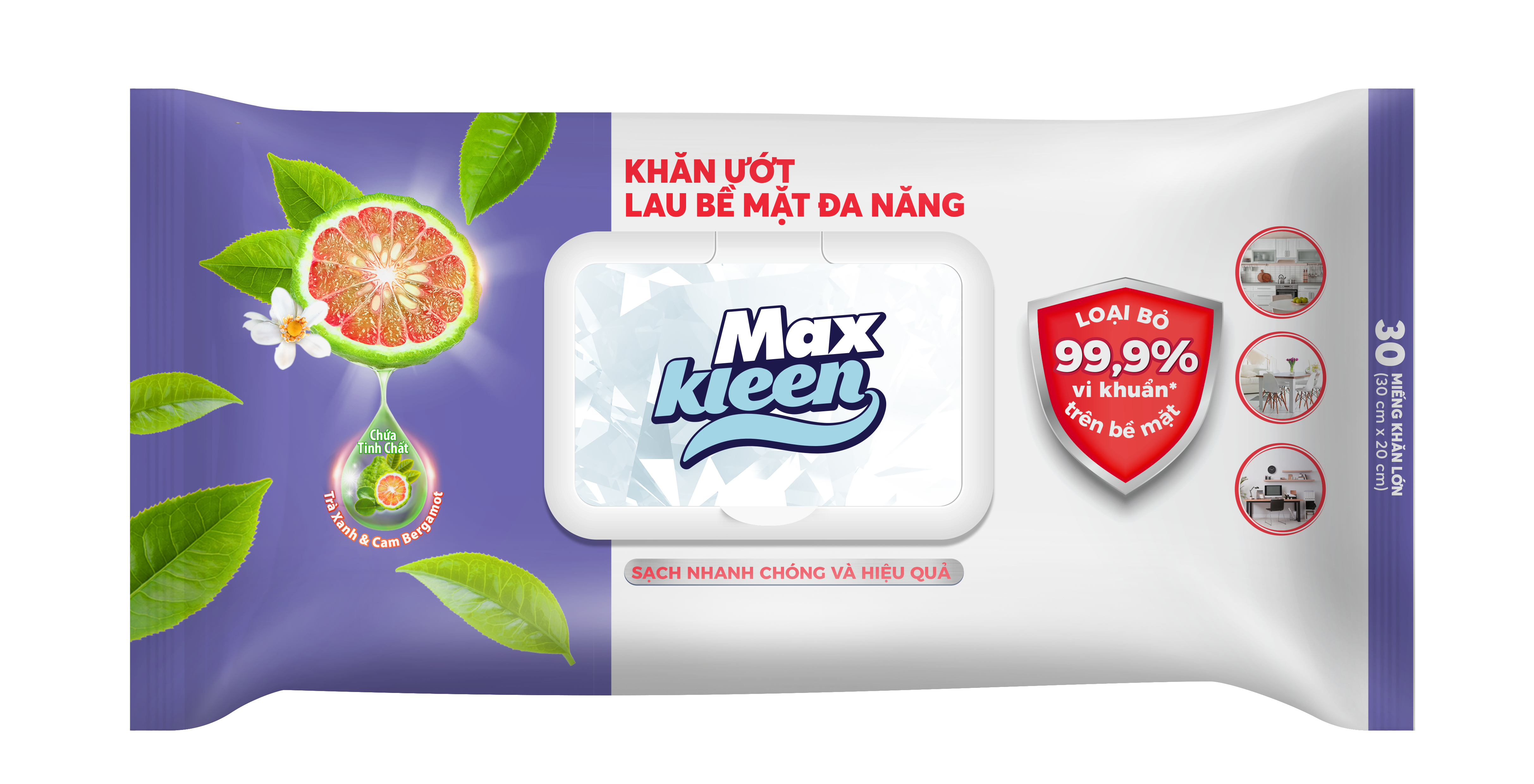 Khăn Ướt Lau Bề Mặt Đa Năng MaxKleen Loại Bỏ 99.9% Vi Khuẩn Hương Trà Xanh &amp; Cam Bergamot 30 Miếng/Gói