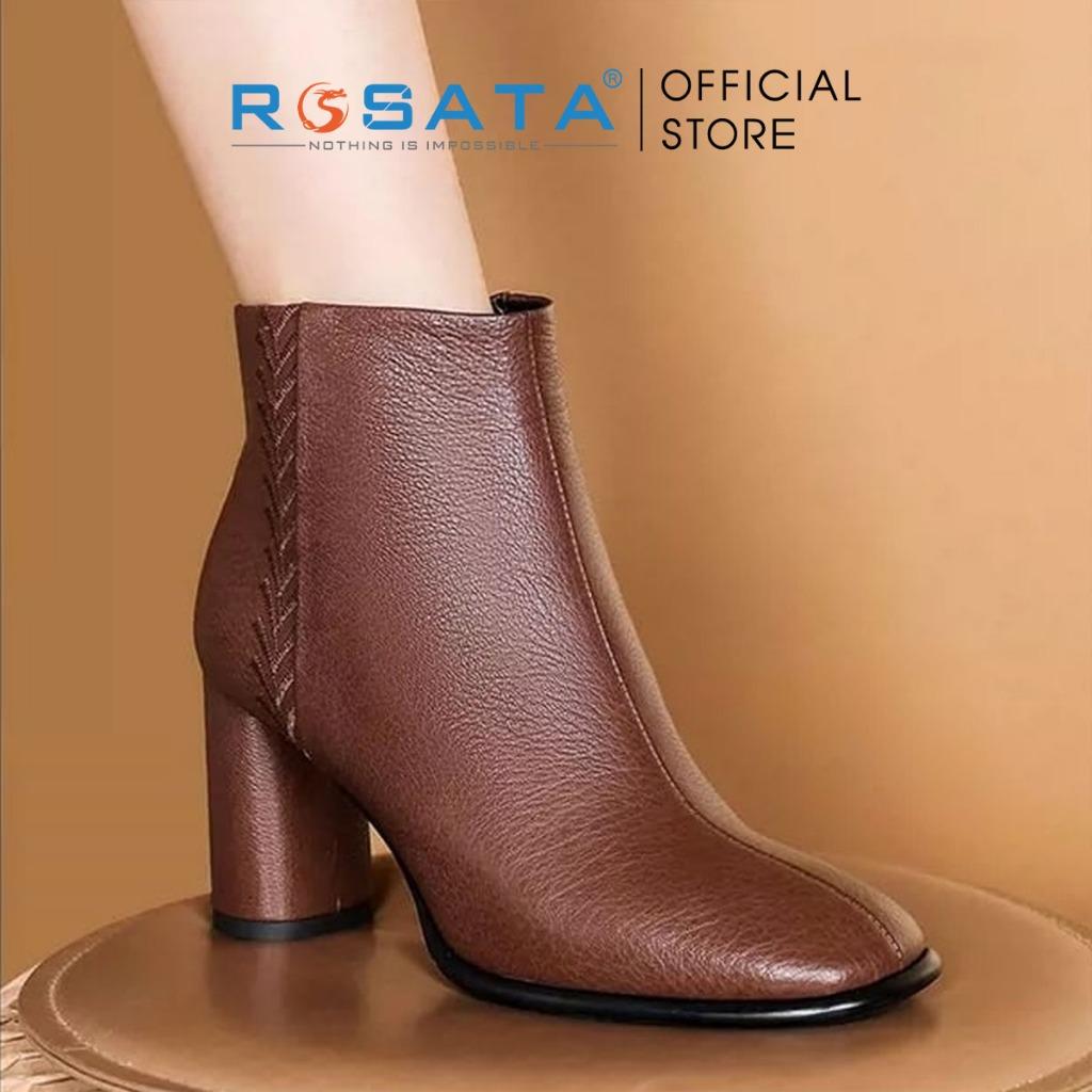 Giày bốt nữ cổ cao đế vuông 7 phân mũi nhọn khóa kéo ROSATA RO307 ( BẢO HÀNH 12 THÁNG ) - Nâu