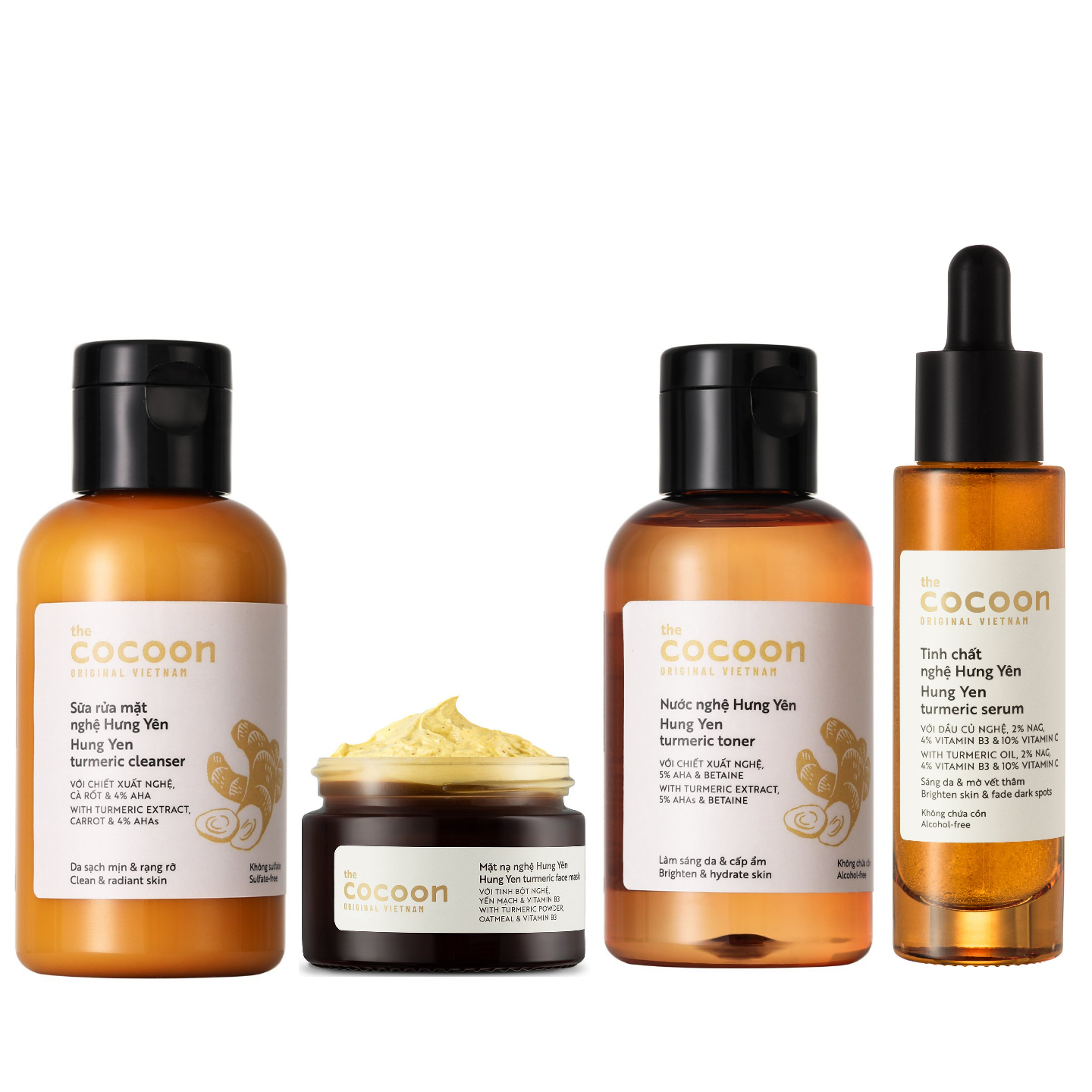 Bộ 4 sản phẩm Nghệ Cocoon: Sữa rửa mặt nghệ 140ml + Mặt nạ nghệ 30ml + Toner nghệ 140ml + Tinh chất nghệ 30ml